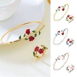🌹 Rose Flower Jewelry Set ✨ Adjustable Bangle Bracelet & Ring Gift